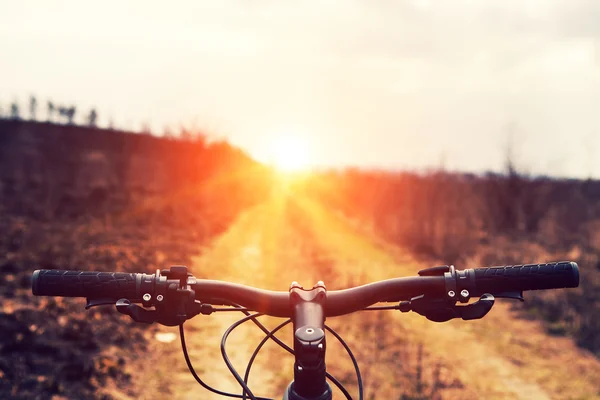 Mountainbiken bergafwaarts aflopende snel op de fiets. Uitzicht vanaf — Stockfoto