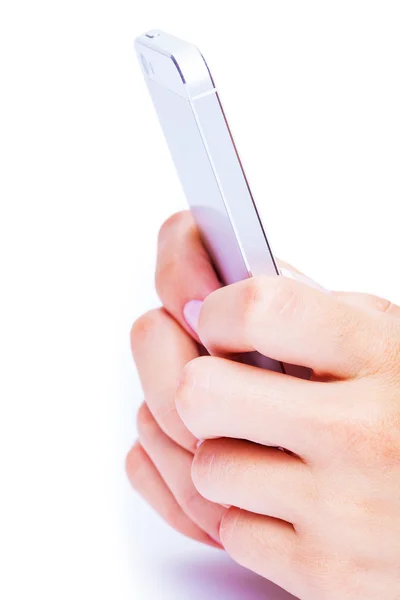 Hand holding White Smartphone with blank screen on white backgro — Stock Photo, Image