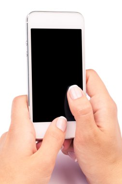 Boş ekranda beyaz backgro ile beyaz Smartphone tutan el