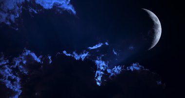 Gece gökyüzünde yıldızlar ve dolunay arka plan ile