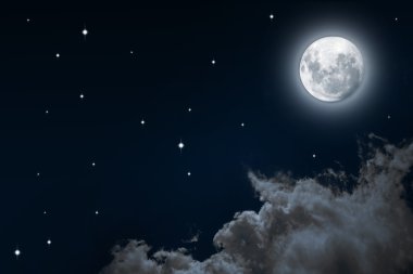 Gece gökyüzünde yıldızlar ve dolunay arka plan ile