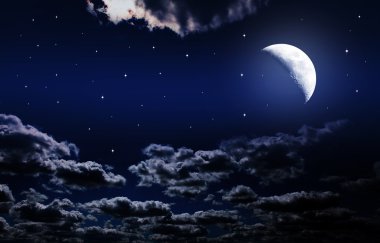 Gece gökyüzünde yıldızlar ve dolunay arka plan ile