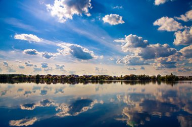 Resimli orman ve nehir.