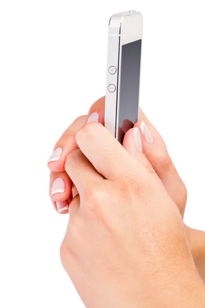 Hand met wit Smartphone met leeg scherm op witte backgro — Stockfoto