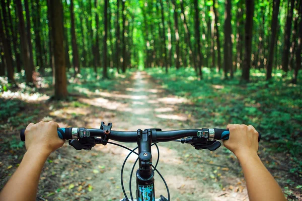 Mountainbiken bergafwaarts aflopende snel op de fiets. Uitzicht vanaf — Stockfoto