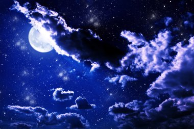 Gece gökyüzünde yıldızlar ve dolunay arka plan ile