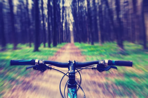 Mountain biking down hill descending fast on bicycle. View from — Stock Photo, Image