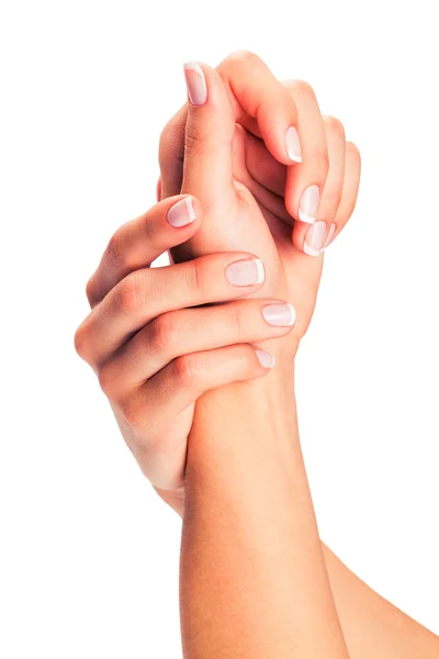 Mãos femininas com manicure francês — Fotografia de Stock