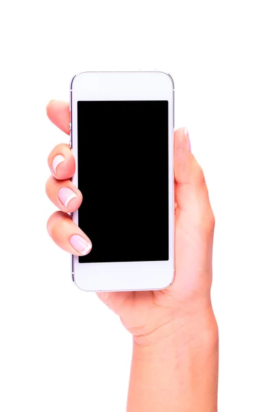 Mão segurando smartphone branco — Fotografia de Stock