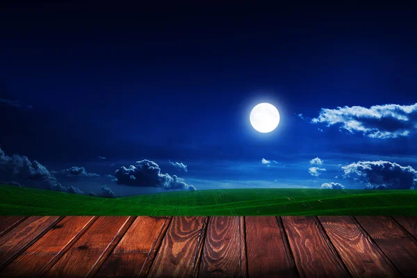 Cielo nocturno con campo verde — Foto de Stock