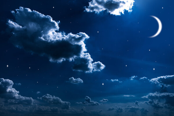 Night sky with clouds, stars and moon