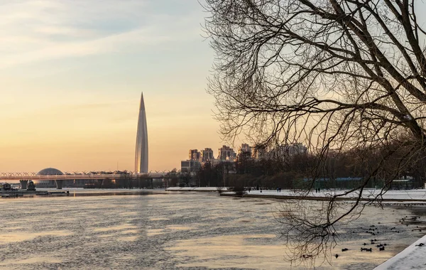 Sankt Petersburg Utsikt Över Lahta Centrum Från Floden Srednyaya Nevka Royaltyfria Stockfoton
