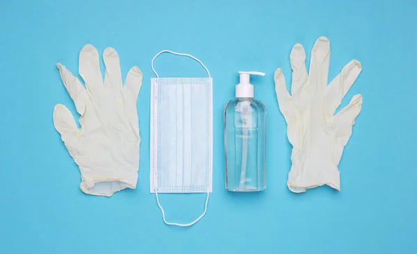 Maschera Viso Bottiglia Disinfettante Mani Guanti Lattice Maschera Chirurgica Medica — Foto Stock