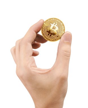 Bir elde Bitcoin, beyaz arkaplanda izole.