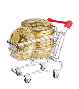 Bitcoin alışveriş arabasında, beyaz arka planda izole edilmiş.