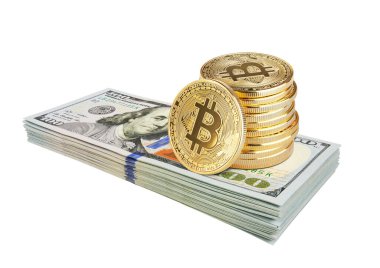 Bir tomar dolar üzerinde Bitcoin, beyaz arka planda izole edilmiş.