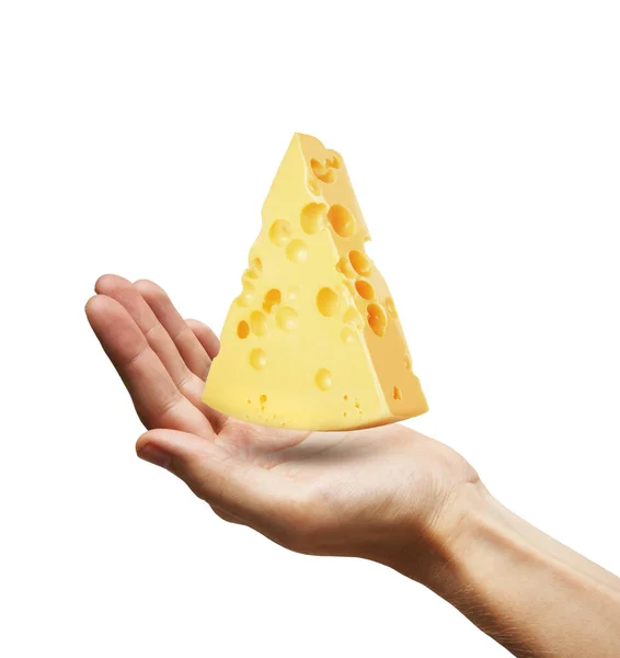 Pedazo Queso Una Mano Aislado Sobre Fondo Blanco — Foto de Stock