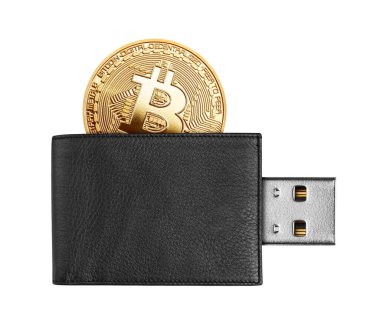 USB bağlantısı olan bir çantada Bitcoin, beyaz arkaplanda izole edilmiş.