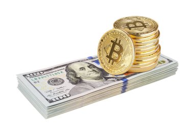 Bir tomar dolar üzerinde Bitcoin, beyaz arka planda izole edilmiş.