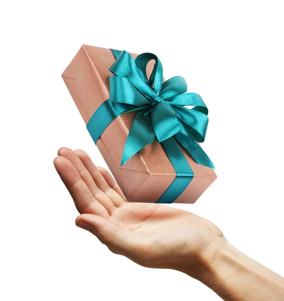 Gift Box Ribbon Hand Isolated White Background — Stock Photo, Image