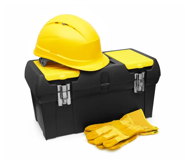 Safety Helmet, Gloves, and Toolbox — Stock Photo, Image