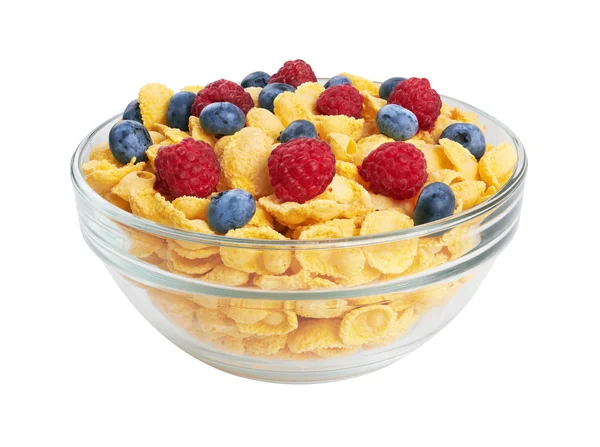 Corn flakes with fresh berries in bowl — Stock Photo, Image