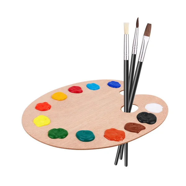 Wooden art palette with paints and brushes — Stock Photo, Image