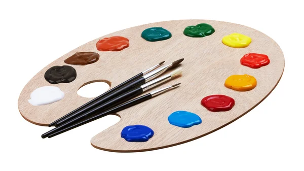 Drewniana paleta artystyczna z farbami i pędzlami — Zdjęcie stockowe