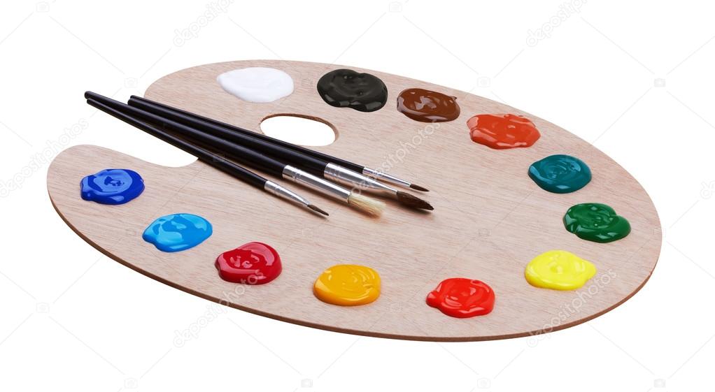 Wooden art palette with paints and brushes