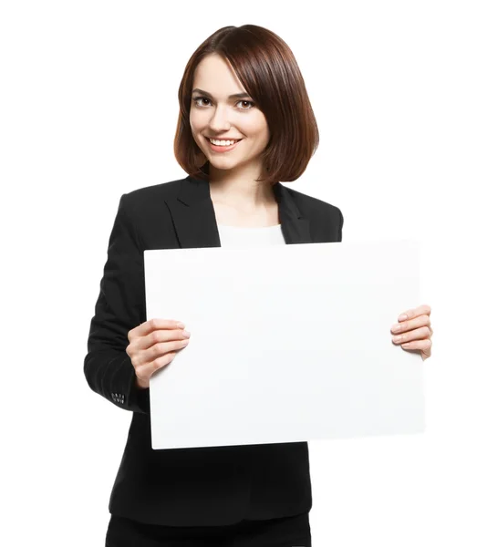 Mujer de negocios sosteniendo la placa en blanco —  Fotos de Stock