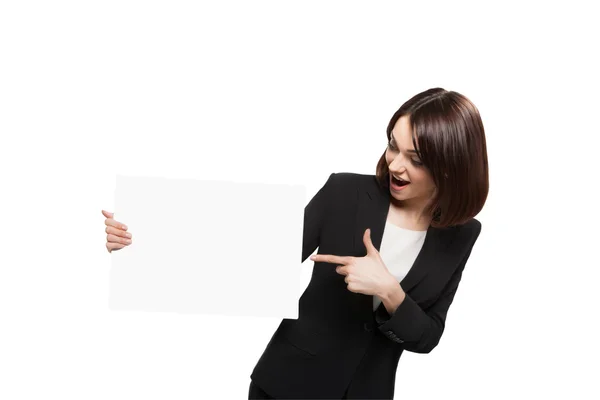 Mujer de negocios sosteniendo la placa en blanco —  Fotos de Stock