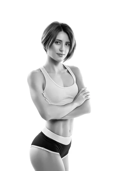 Πορτραίτο γυναίκας γυμναστήριο απομονωθεί σε λευκό — Φωτογραφία Αρχείου