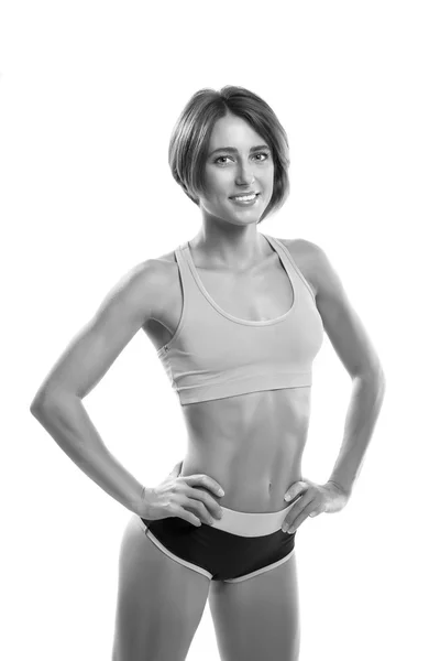 Smiling fitness woman isolated on white background — Stock Photo, Image