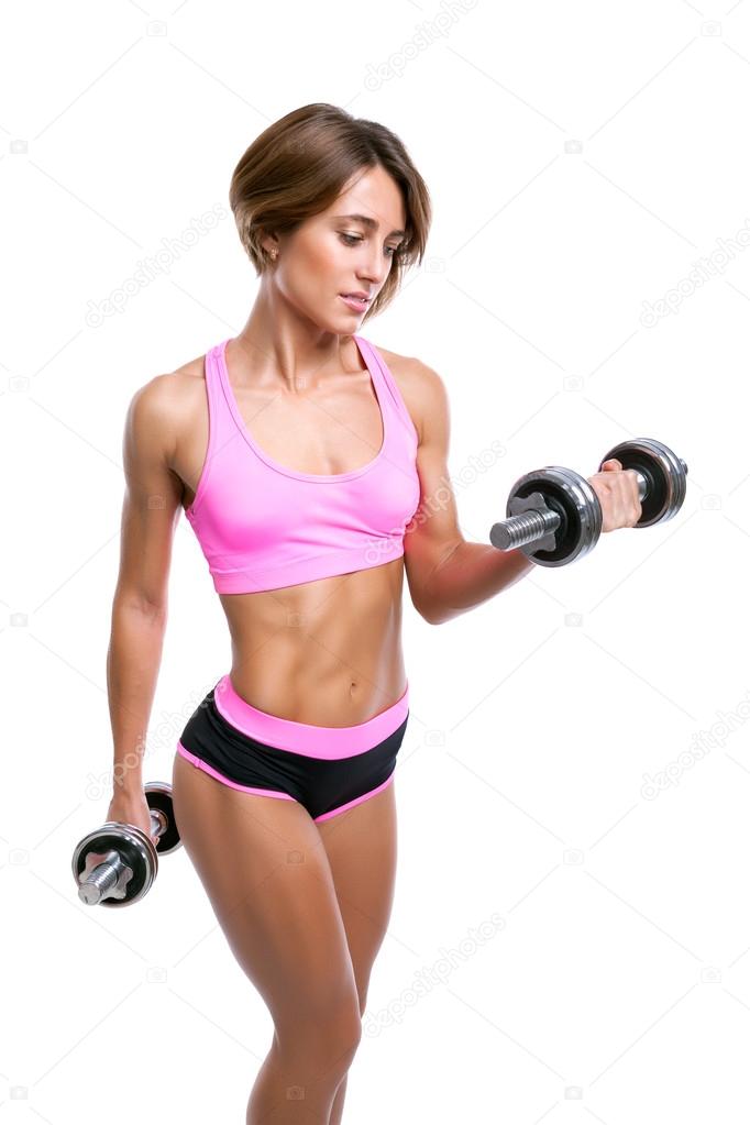 Fitness girl with dumbbells isolated on white background