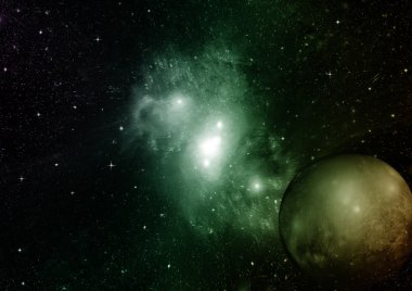 Uzak bir galaksideki yıldızlar, toz ve gaz bulutsusu