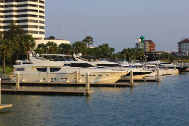 Pattaya, Tayland - 13 Mart: Yelkenli tekneler ve gökdelen Marina Yat kulüp Pattaya akşam saat üzerinde 13 Mart 2016 Pattaya, Tayland