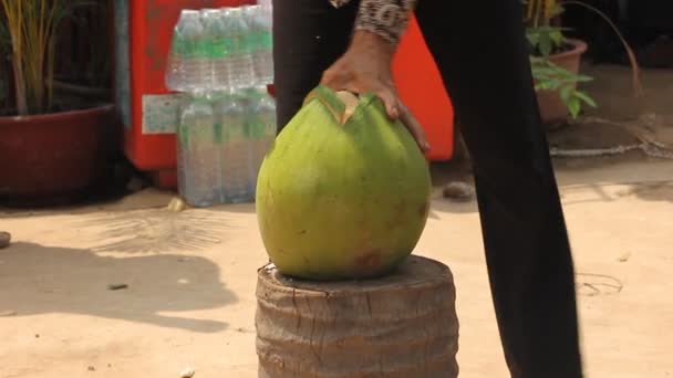 Kambodža, Siem Reap Province, Angkor Wat, 09 březen 2016: Ruce ženy s tmavou pletí, otevírání kokos s velkým nožem na kmen stromu. Provincie Siem Reap, Kambodža — Stock video