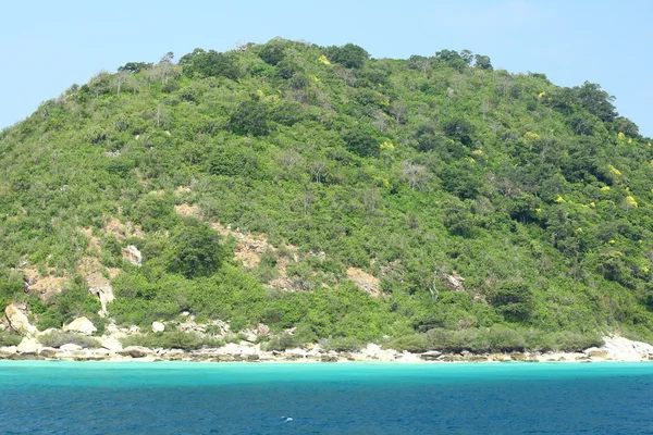 Beyaz kum plaj ve masmavi bir deniz, egzotik cennet deniz manzarası.