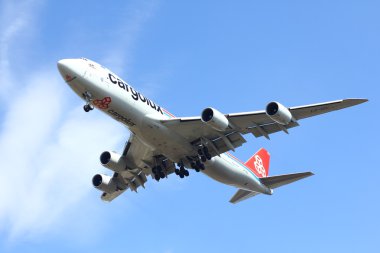 NOVOSIBIRSK - APR. 30: Boeing 747-8  Cargolux landing at Novosibirsk Tolmachevo Airport. April 30, 2016 in Novosibirsk Russia clipart