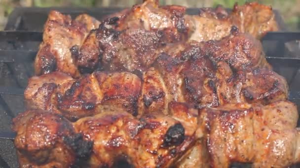 Grillezés pácolt saslik (skewered hús) a grill. Forró nyír szén. Friss, lédús hús. Egészséges étel. Ünnepek grill. — Stock videók