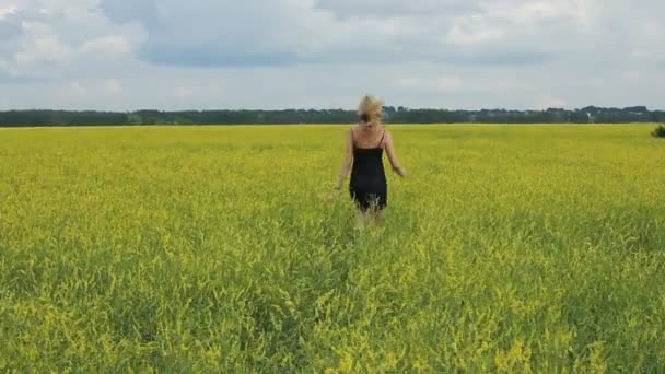 Szczęśliwa Kobieta w czarnej sukni skacze do nieba w żółty łąka w letni dzień. — Wideo stockowe