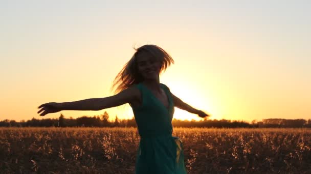 Chica atractiva disfrutar de la naturaleza corriendo, saltando, bailando en los campos en la puesta del sol. Mujer joven en vestido que se divierten al aire libre. Concepto vacaciones de verano . — Vídeos de Stock