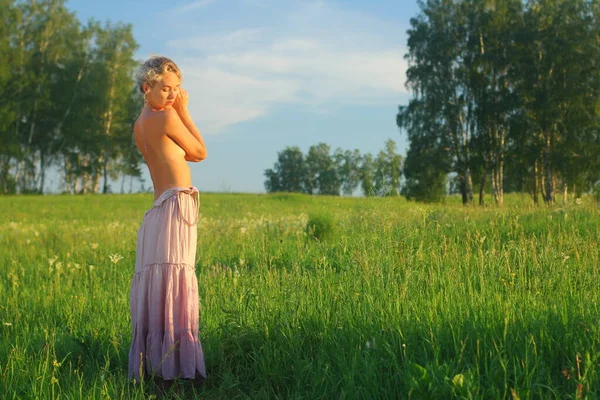 Сексуальна Блондинка Зеленій Літній Лузі Відпочиває Захід Сонця Літній Природі — стокове фото