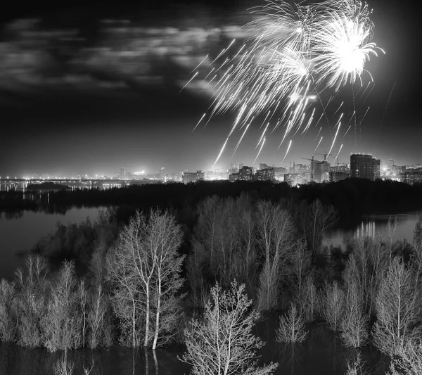 Night fireworks over flooded forest suburb of the city. Black-and-white fine art spring concept. — Stock Photo, Image