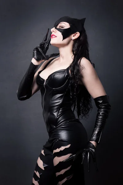 Animation style attractive woman in leather latex cat costume — 스톡 사진