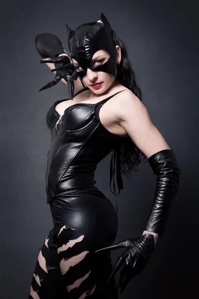 Animation style attractive woman in leather latex cat costume — Stock Photo, Image