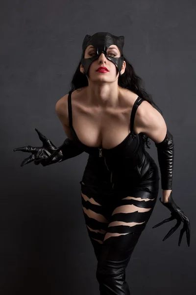 Style d'animation femme attrayante en cuir costume de chat en latex — Photo