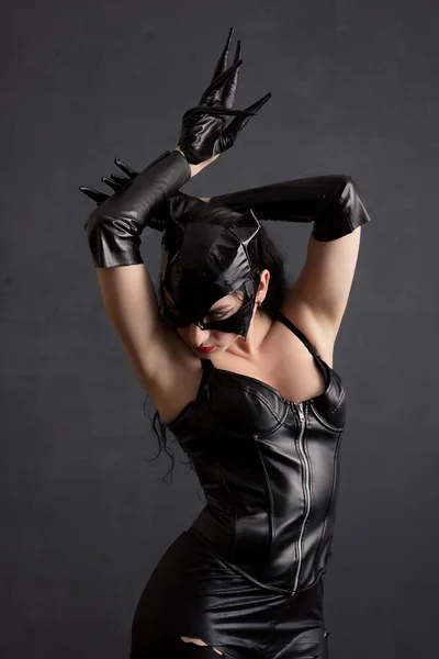 Animation style attractive woman in leather latex cat costume — 스톡 사진
