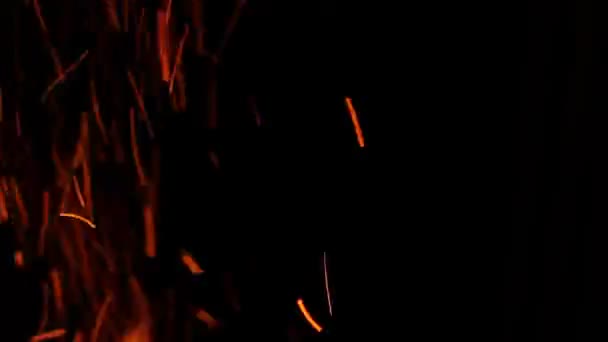 Textura de Firestorm. Bokeh luzes no fundo preto, tiro de faíscas de fogo voando no ar — Vídeo de Stock