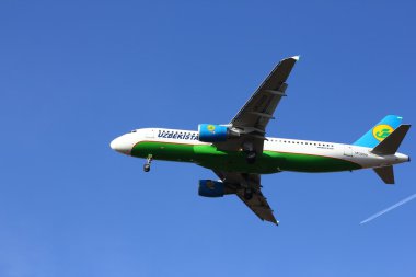 Novosibirsk - Ekim 08: Özbekistan Novosibirsk Tolmachevo havaalanına iniş Airways Airbus A320 (Uk32019). Uzbekistan Airways Özbekistan'ın ulusal havayolu şirketidir. 08 Ekim 2015 Novosibirsk Rusya